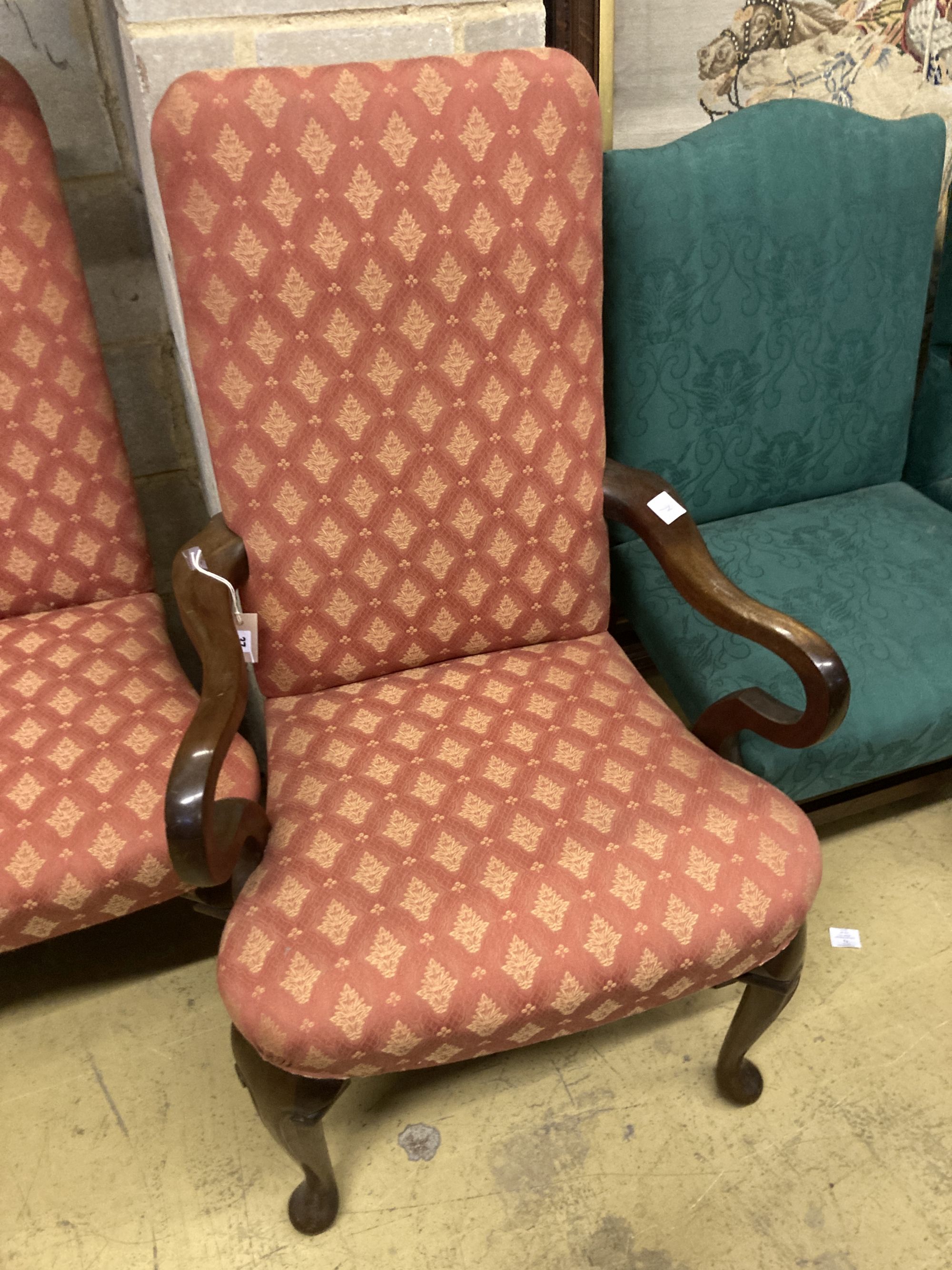 A pair of George I style upholstered mahogany dining chairs (one with arms), width 64cm depth 64cm height 110cm